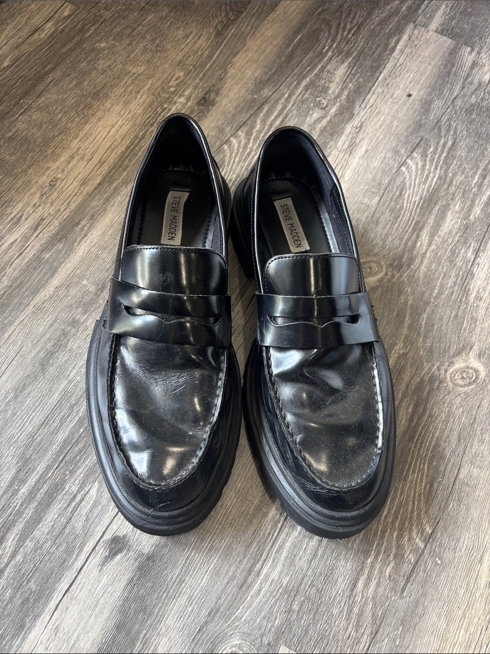 Steve Madden Black Shiny Leather Penny Loafers